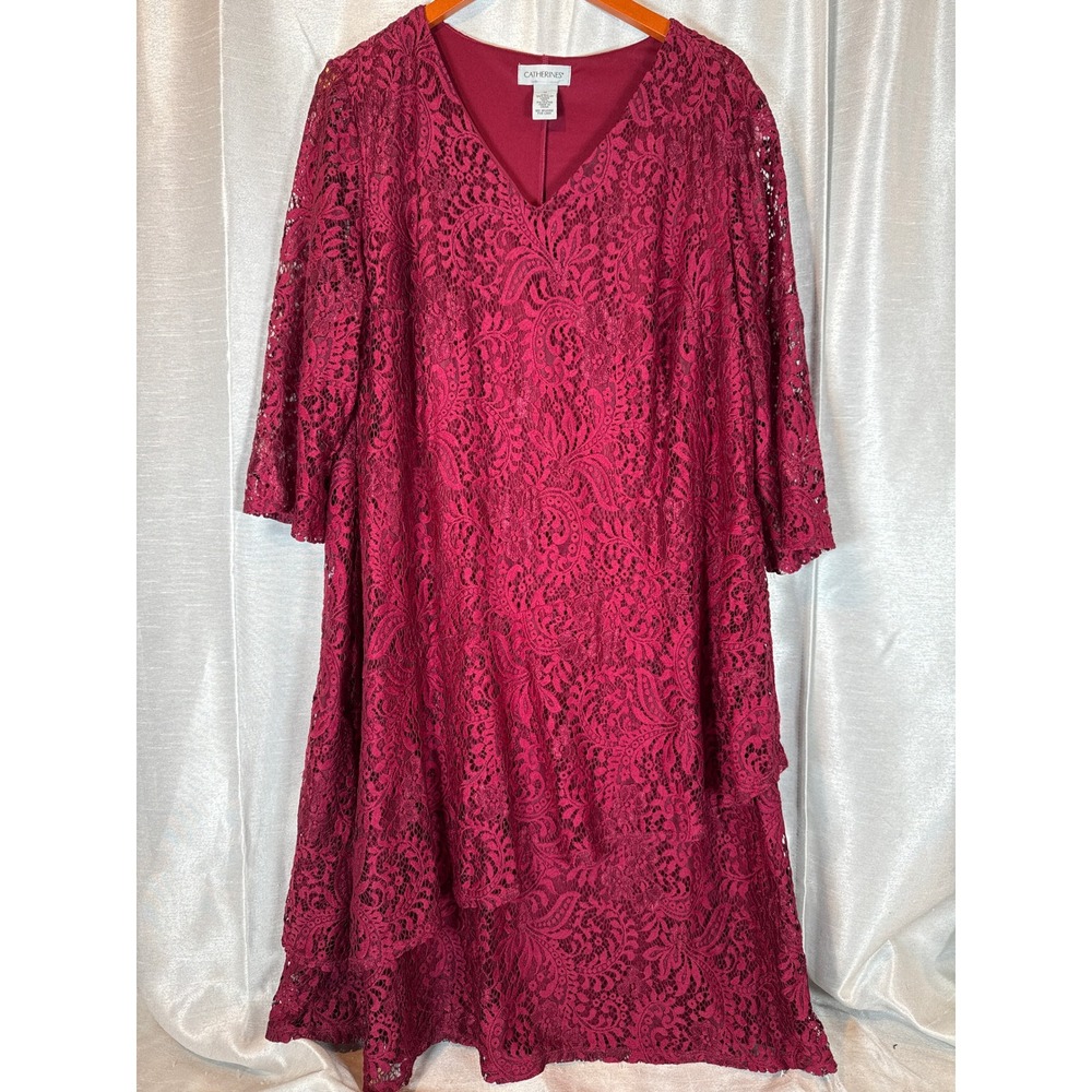 NWT Catherines Women 1X‎ Burgundy Lace Tiered V-Neck 3/4 Sleeve Dress Plus Size